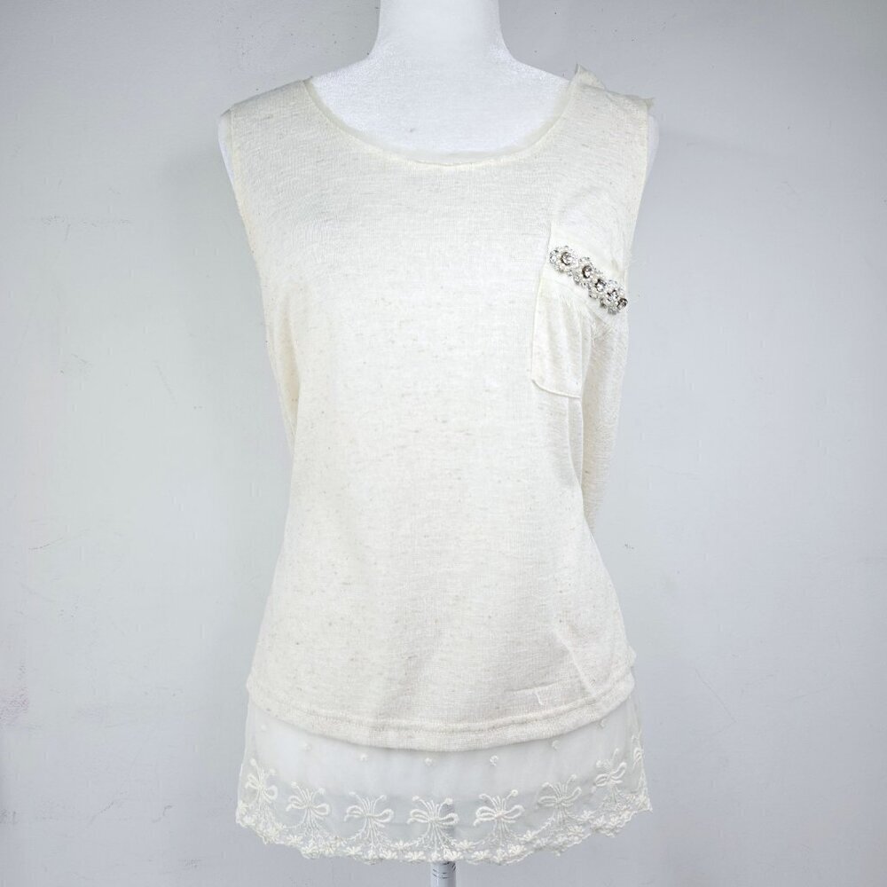 Anthro A’reve Ivory Linen Lace Trim Rhinestone Embellished Sleeveless Tank Top